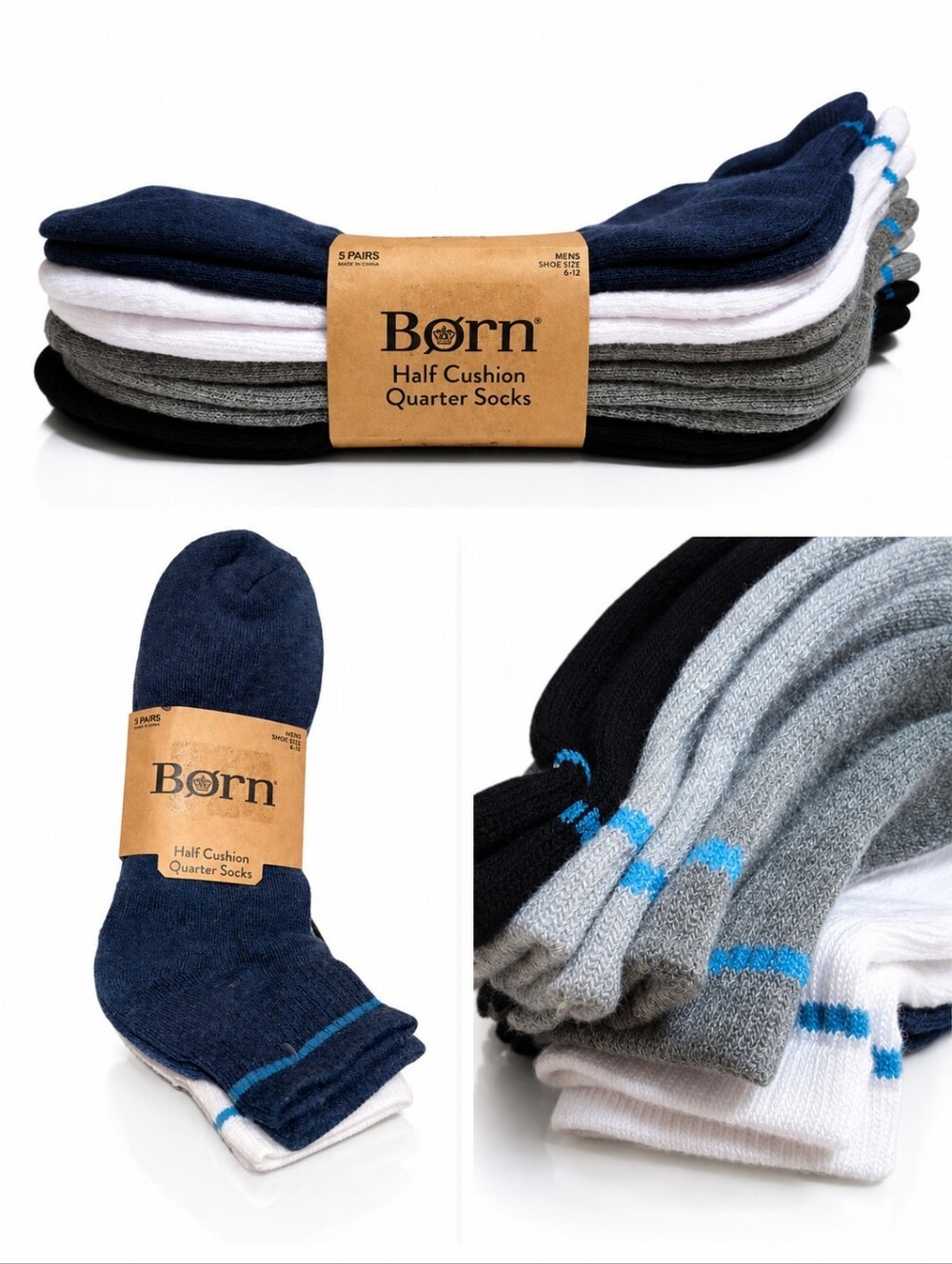 BORN Half Cushion Quarter SOCKS (5 Pack) BLUE WHITE Athletic Socks